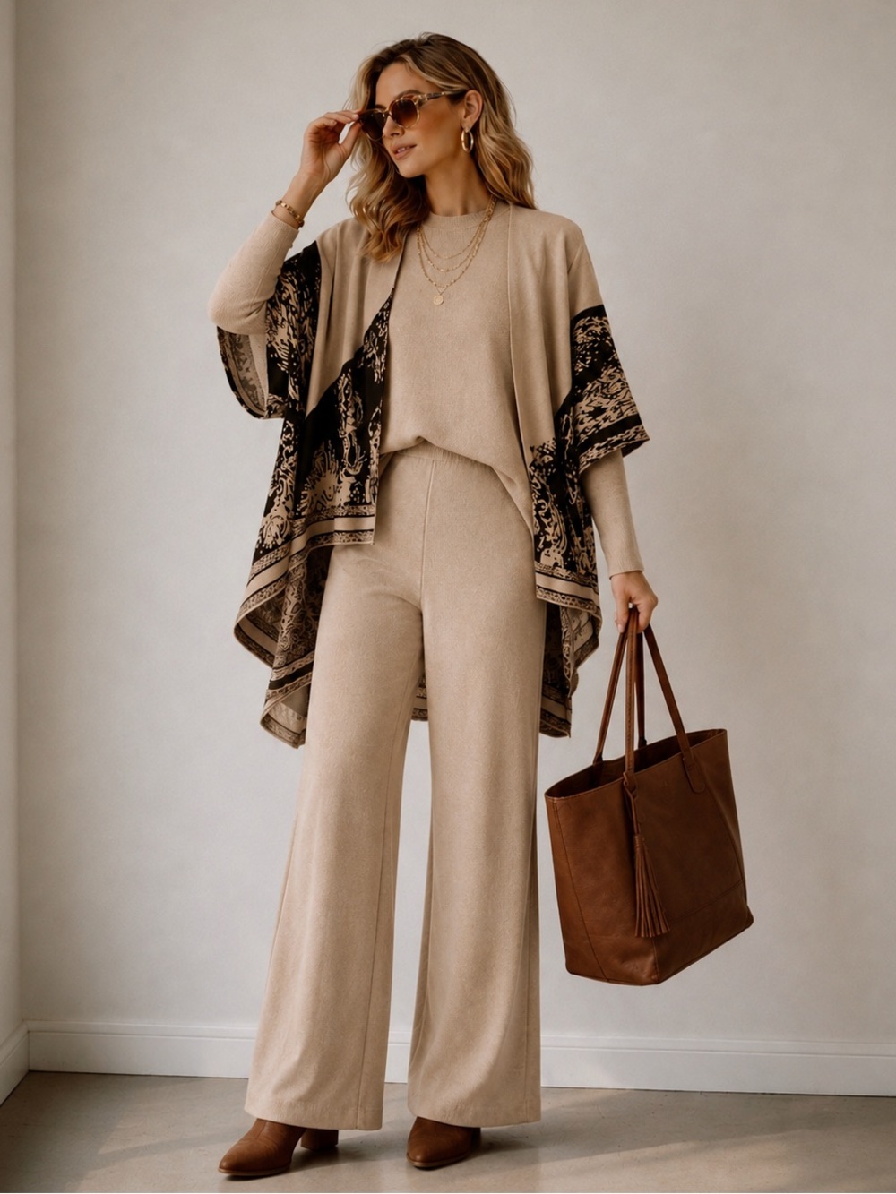 3-Piece Boho Knit Set | Wide Leg Pants + Mock Neck + Poncho | One Size